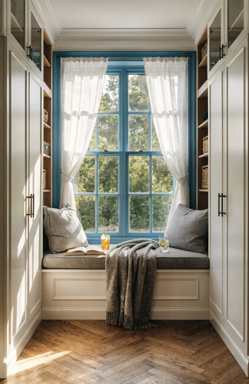 Symmetrical tall white wardrobes flanking a cozy built-in window seat with cushions.