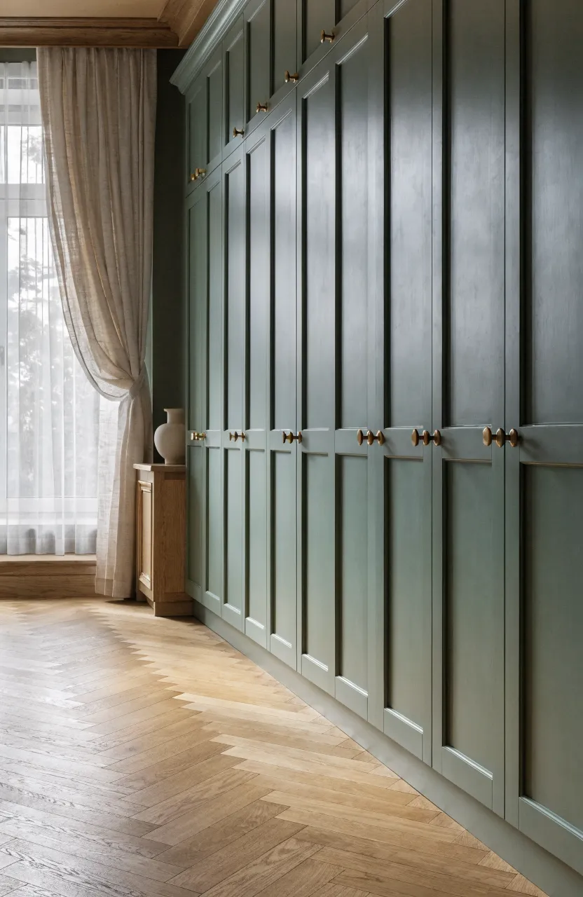 Matte sage green Shaker-style wardrobe doors with thin modern frames and brass hardware.