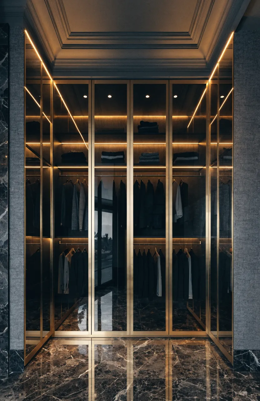 Luxury wardrobe with translucent smoked glass doors and elegant gold metal frames.