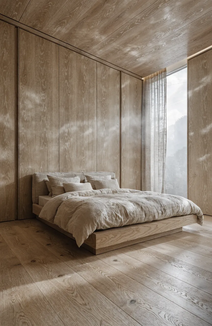 Seamless wall of handleless light wood wardrobes in a minimalist, clean bedroom.