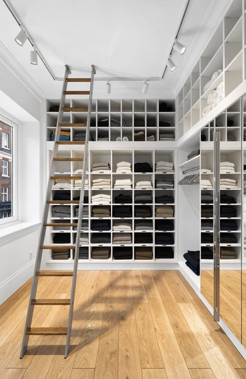 Floor-to-ceiling white fitted wardrobe with extra storage cubbies at the top and a ladder.