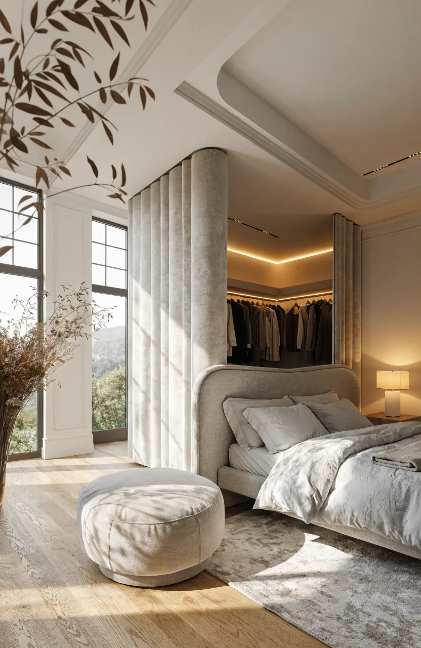 A modern bedroom with a tall headboard partition wall hiding a walk-in closet area.