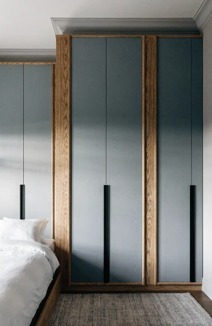 Modern two-tone wardrobe with gray panels and oak wood frames in a minimalist bedroom.