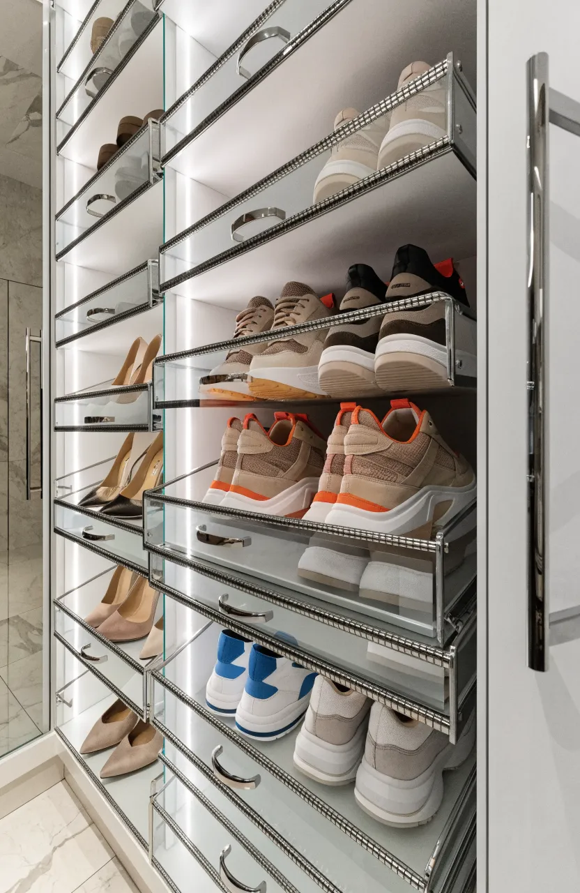 Organized wardrobe interior featuring pull-out shoe drawers with clear glass fronts.