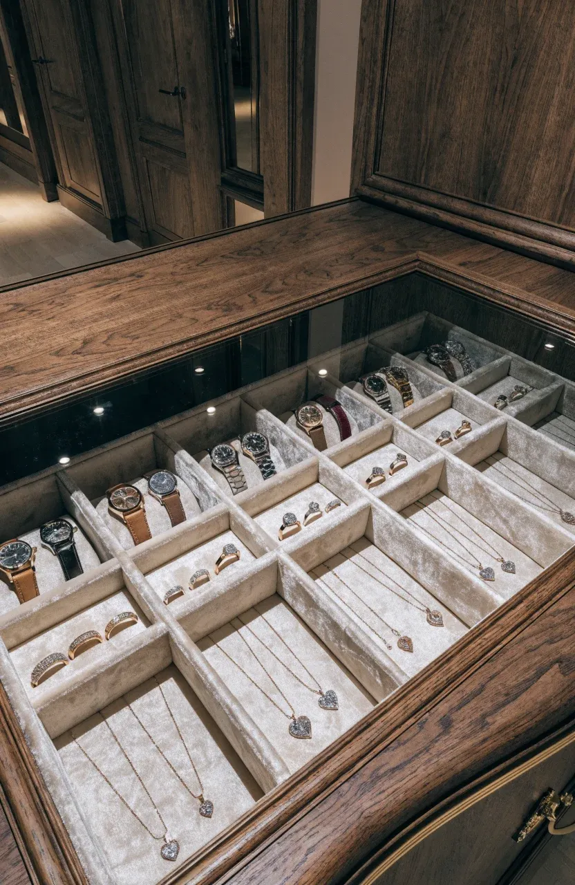 Luxury jewelry drawer with velvet dividers and a glass top inside a modern wardrobe.