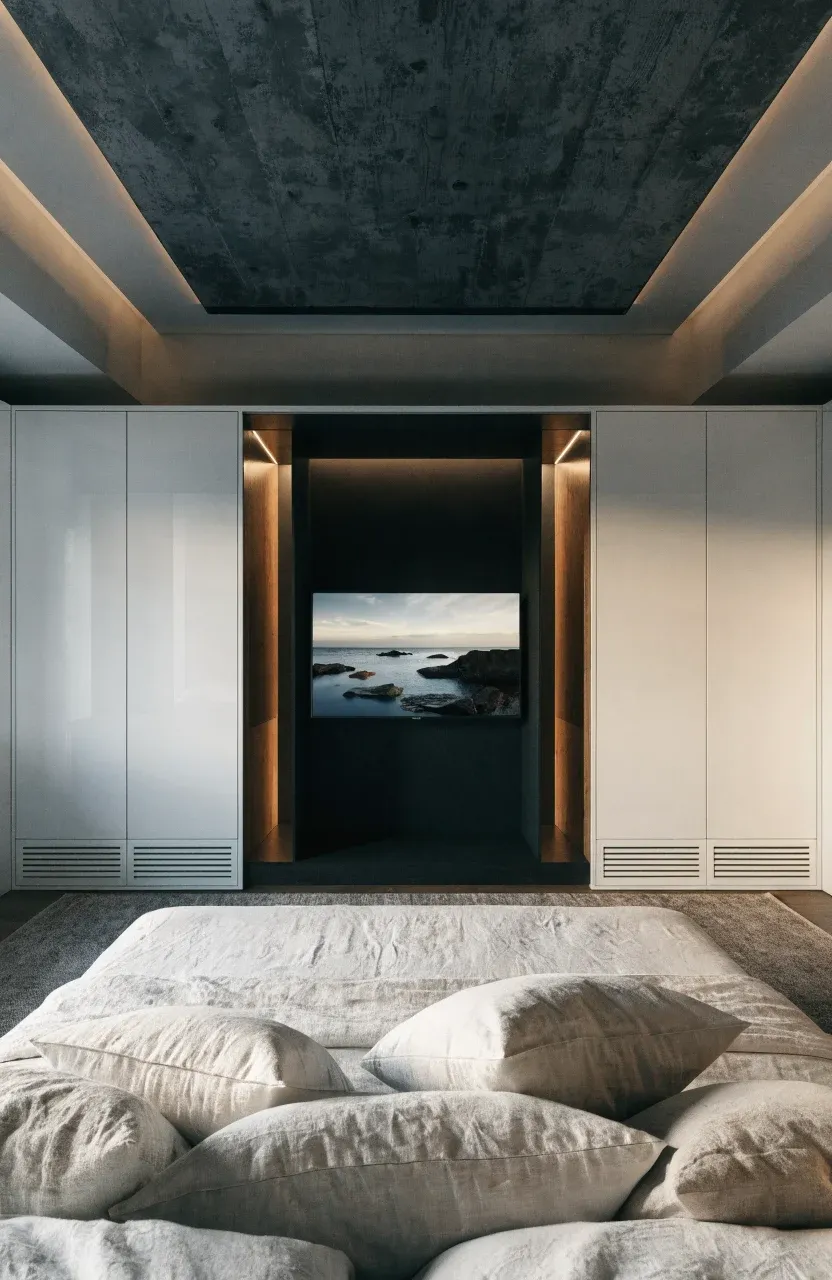 A modern white wardrobe with a built-in central nook for a flat-screen television.