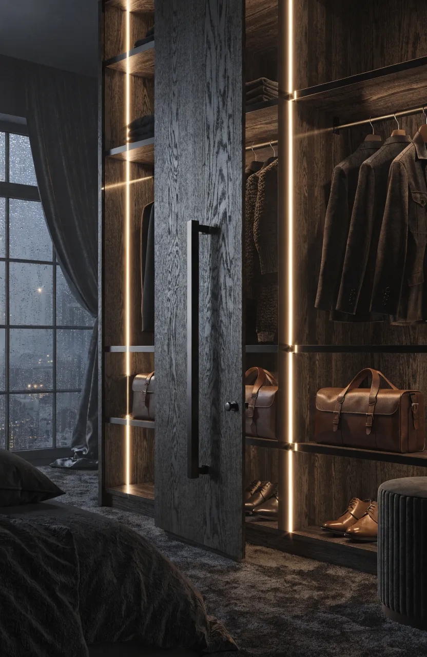 Dark charcoal wood wardrobe with integrated vertical LED lighting in a luxury bedroom.