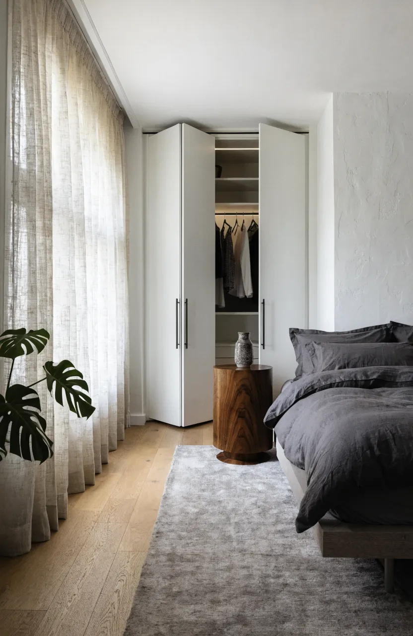 A modern white bi-fold wardrobe in a narrow bedroom showing space-saving folding door design.