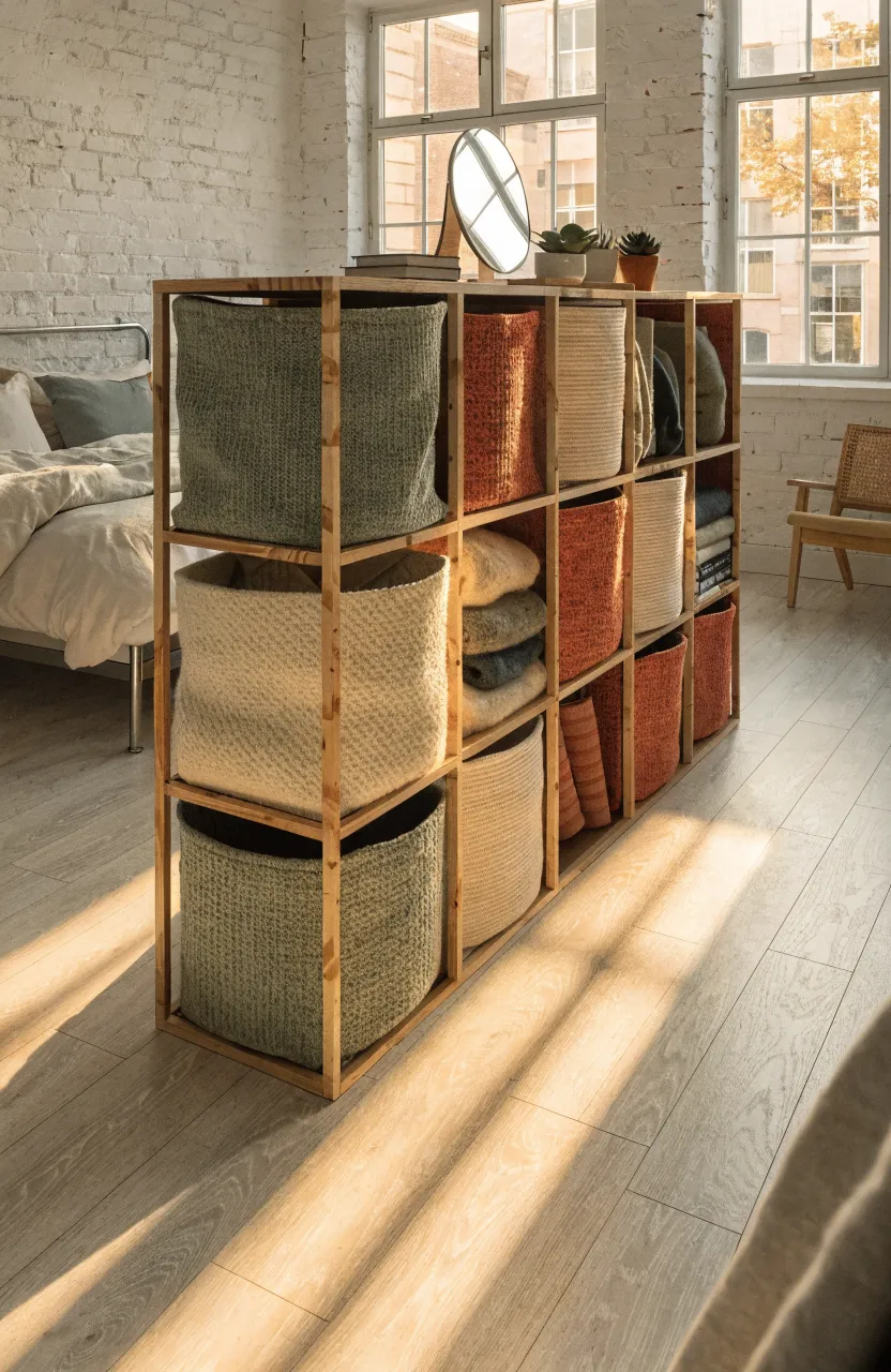 Modular cubical wardrobe with colorful fabric bins in a bright, sunlit modern bedroom.