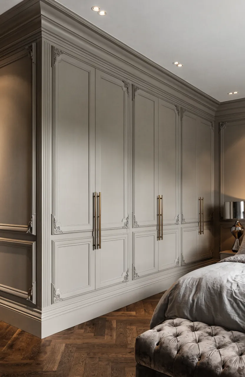 Luxury floor-to-ceiling wardrobe with crown molding that matches the bedroom's architectural trim.