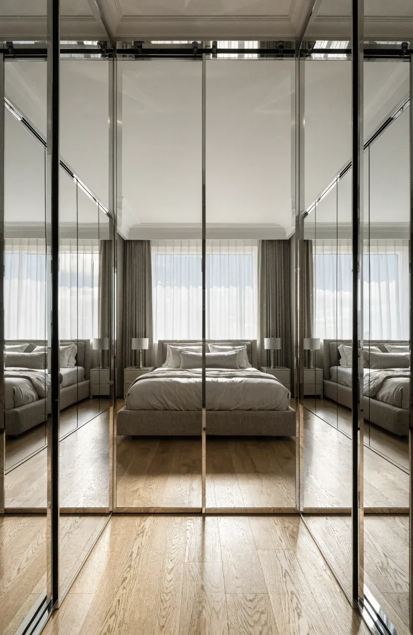 A modern bedroom with a full wall of floor-to-ceiling sliding mirrored closet doors.