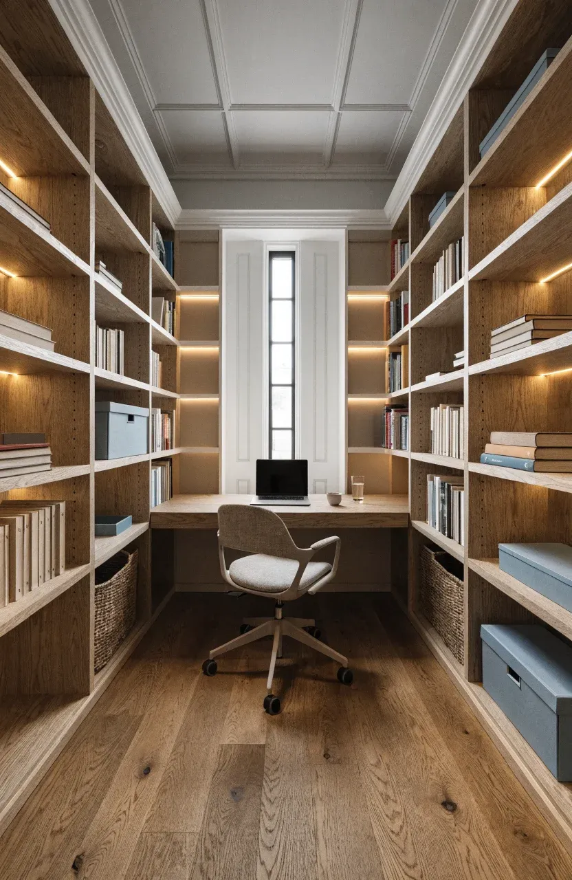 A full-wall bedroom closet featuring open shelving and a built-in desk workspace.