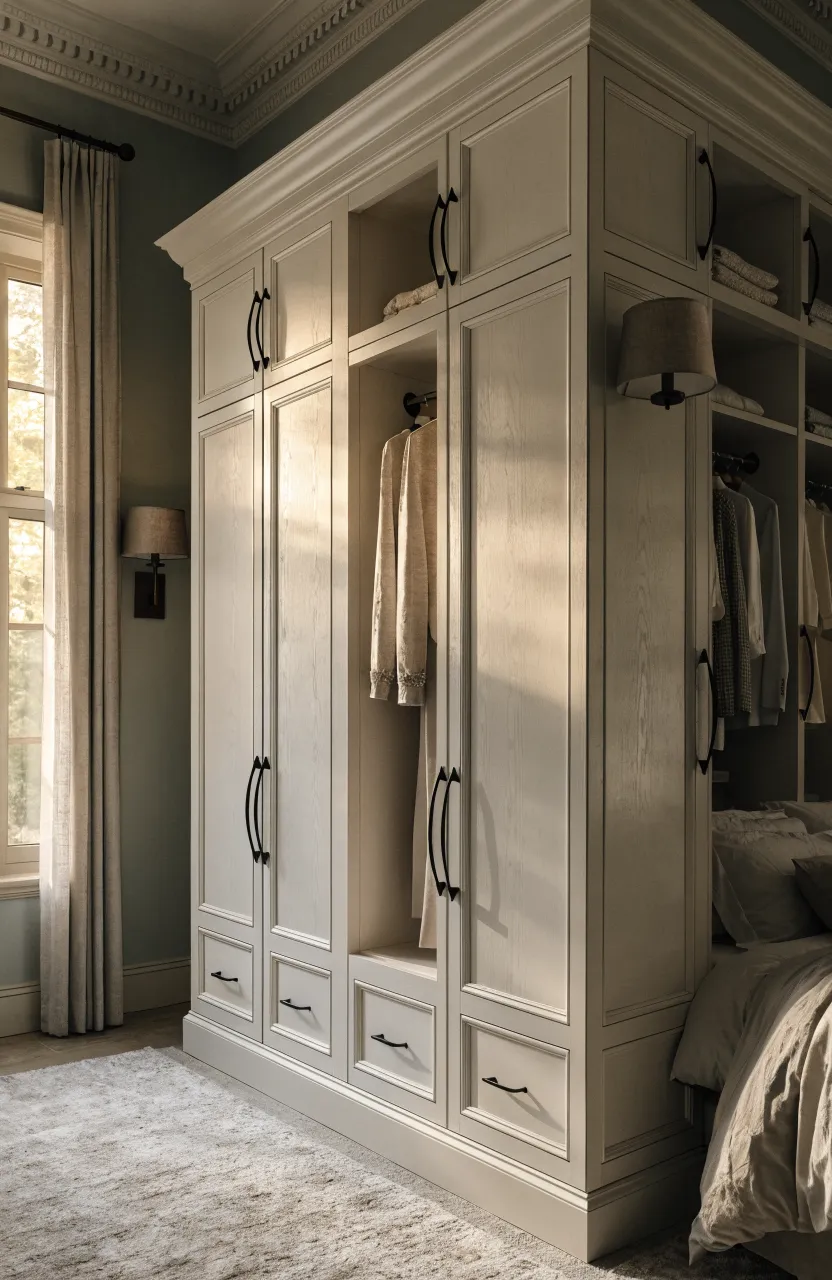 Floor-to-ceiling Shaker style built-in wardrobe with matte black handles in a bedroom.
