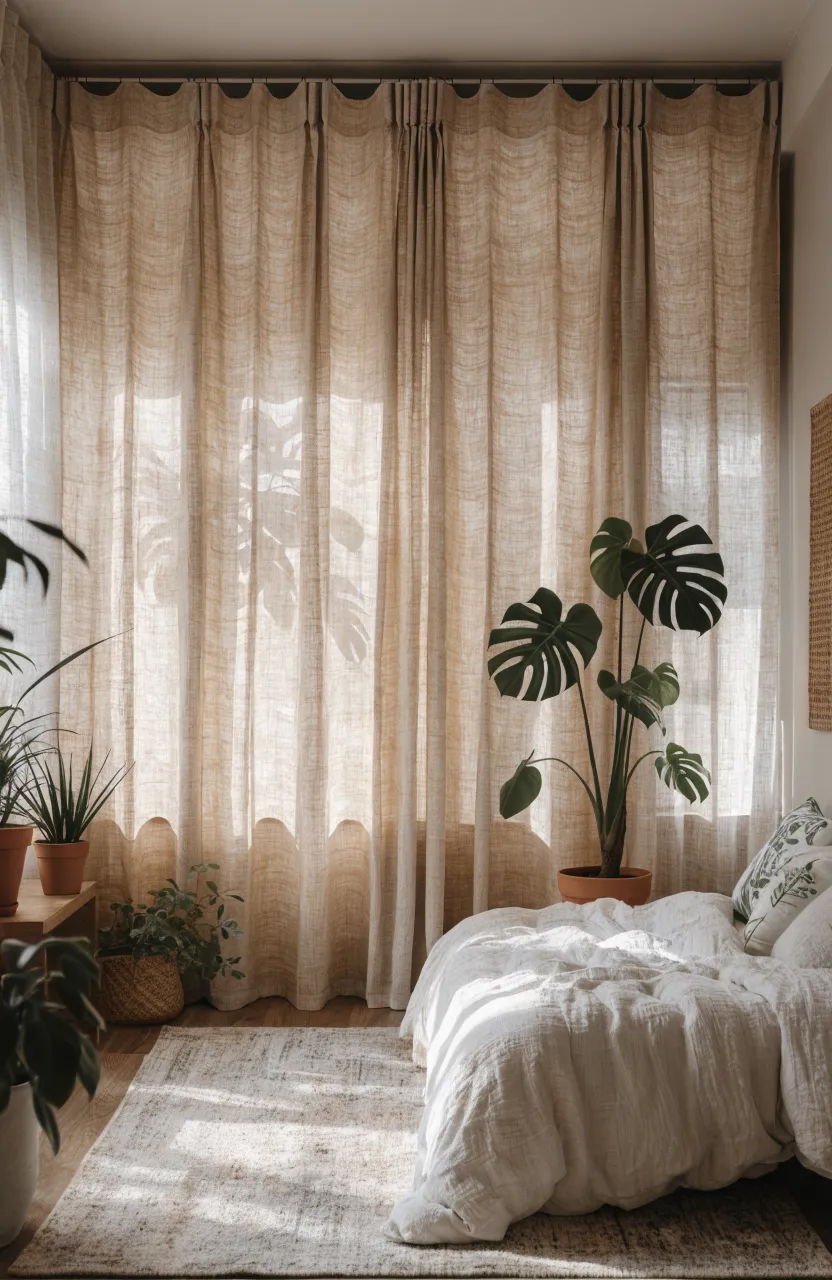 A bedroom wall closet hidden behind elegant floor-to-ceiling beige linen curtains.