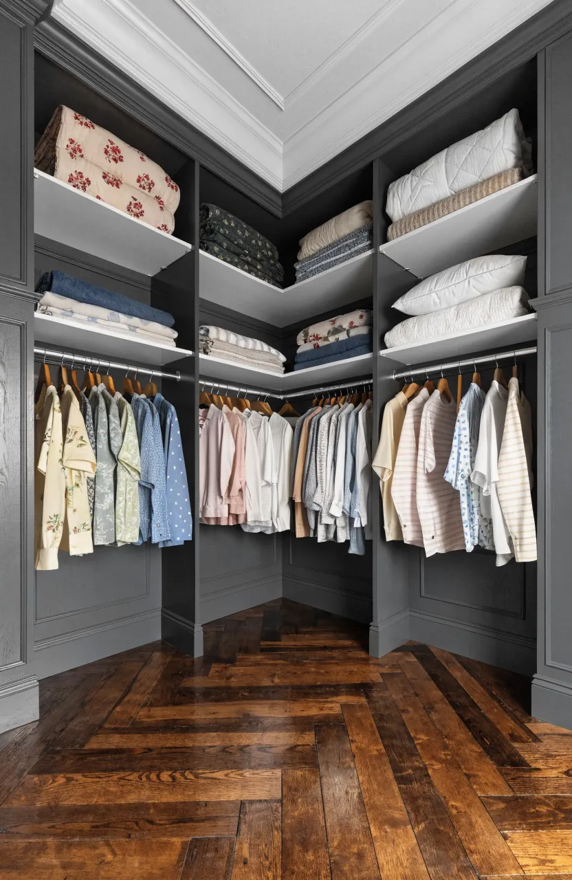 A custom corner closet unit wrapping around two bedroom walls with integrated shelving.