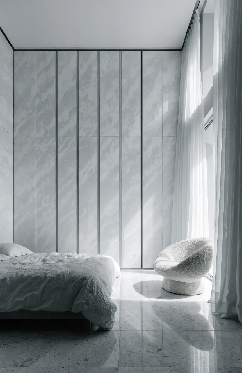 Minimalist handle-less wall closet with push-to-open panels in a modern bedroom.