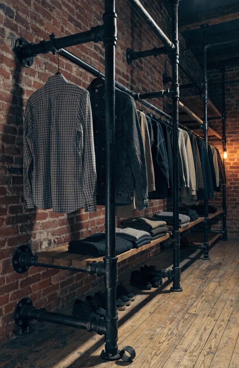 An industrial-style wall closet made of black iron pipes and wood against a brick wall.