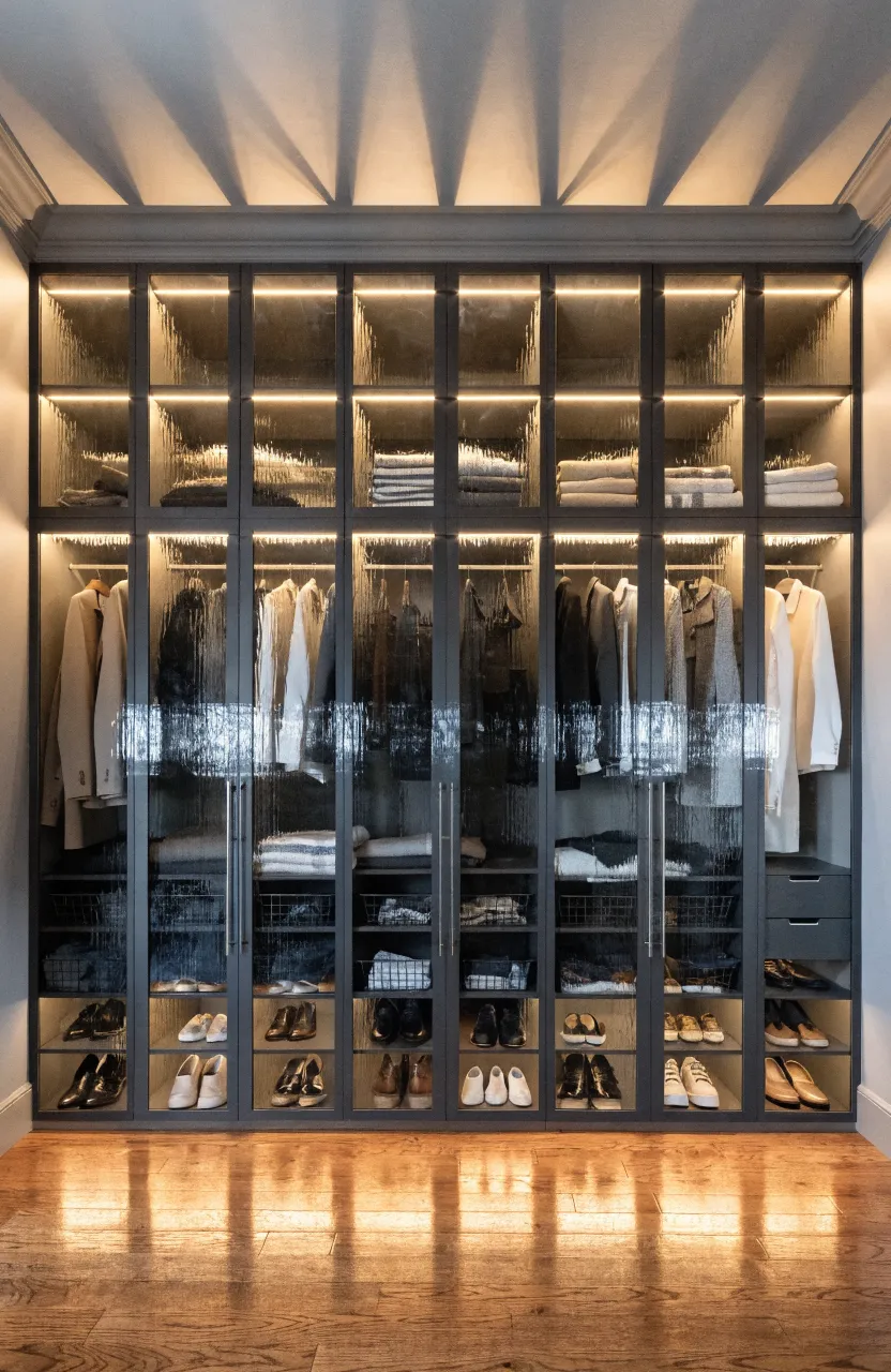 A modern full-wall closet with glass doors and internal LED lighting illuminating organized clothes.