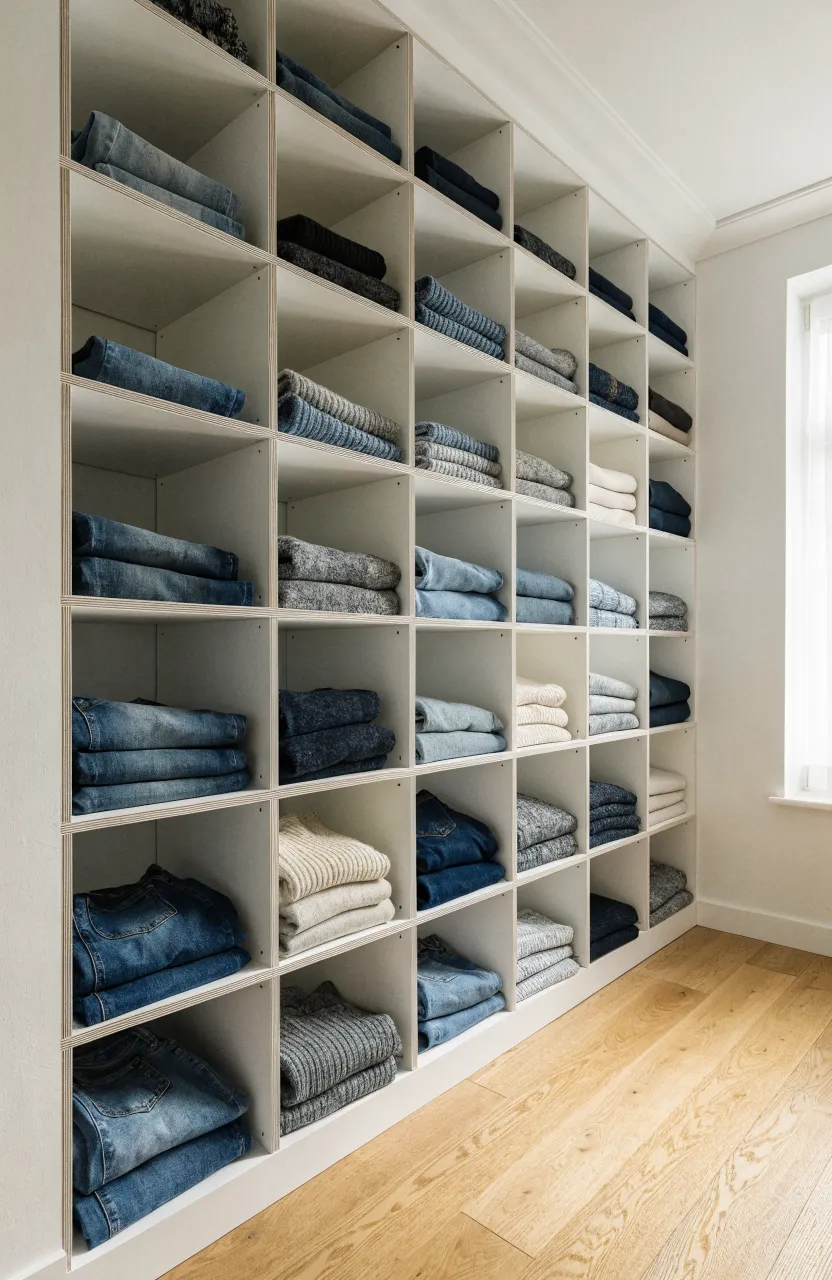 A white modular cubby wall system filled with neatly folded colorful sweaters and jeans.