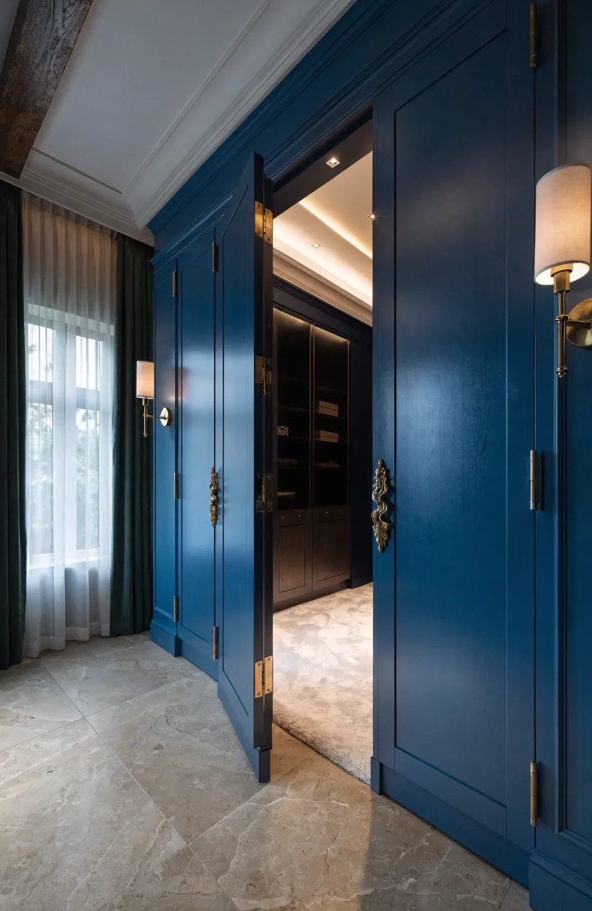 A large navy blue wardrobe wall with a secret door opening into a hidden walk-in dressing room.