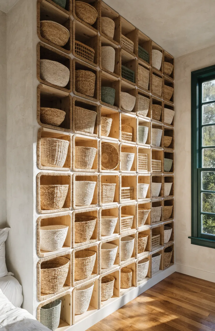 A full wall of storage cubes filled with natural woven baskets in a cozy bedroom setting.