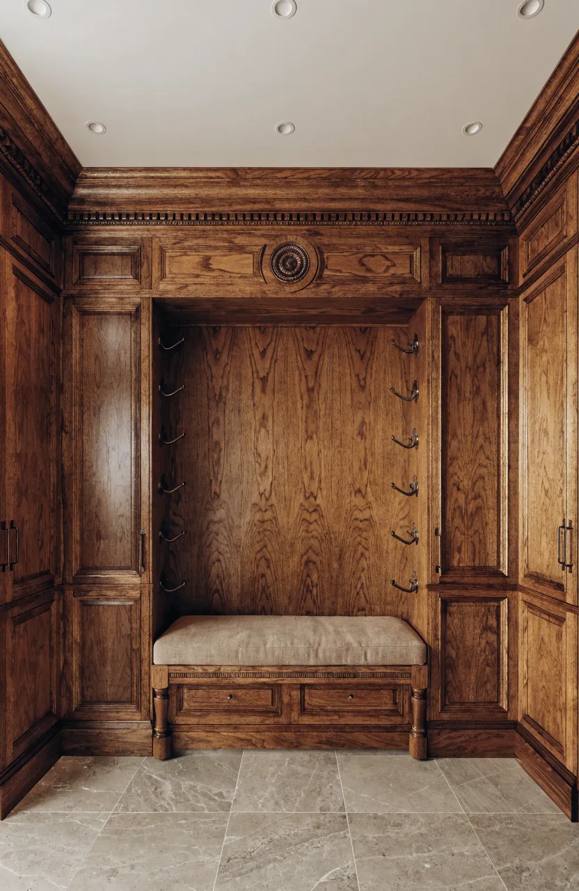 A grand walnut wood wardrobe wall with a built-in cushioned seating bench in the center.