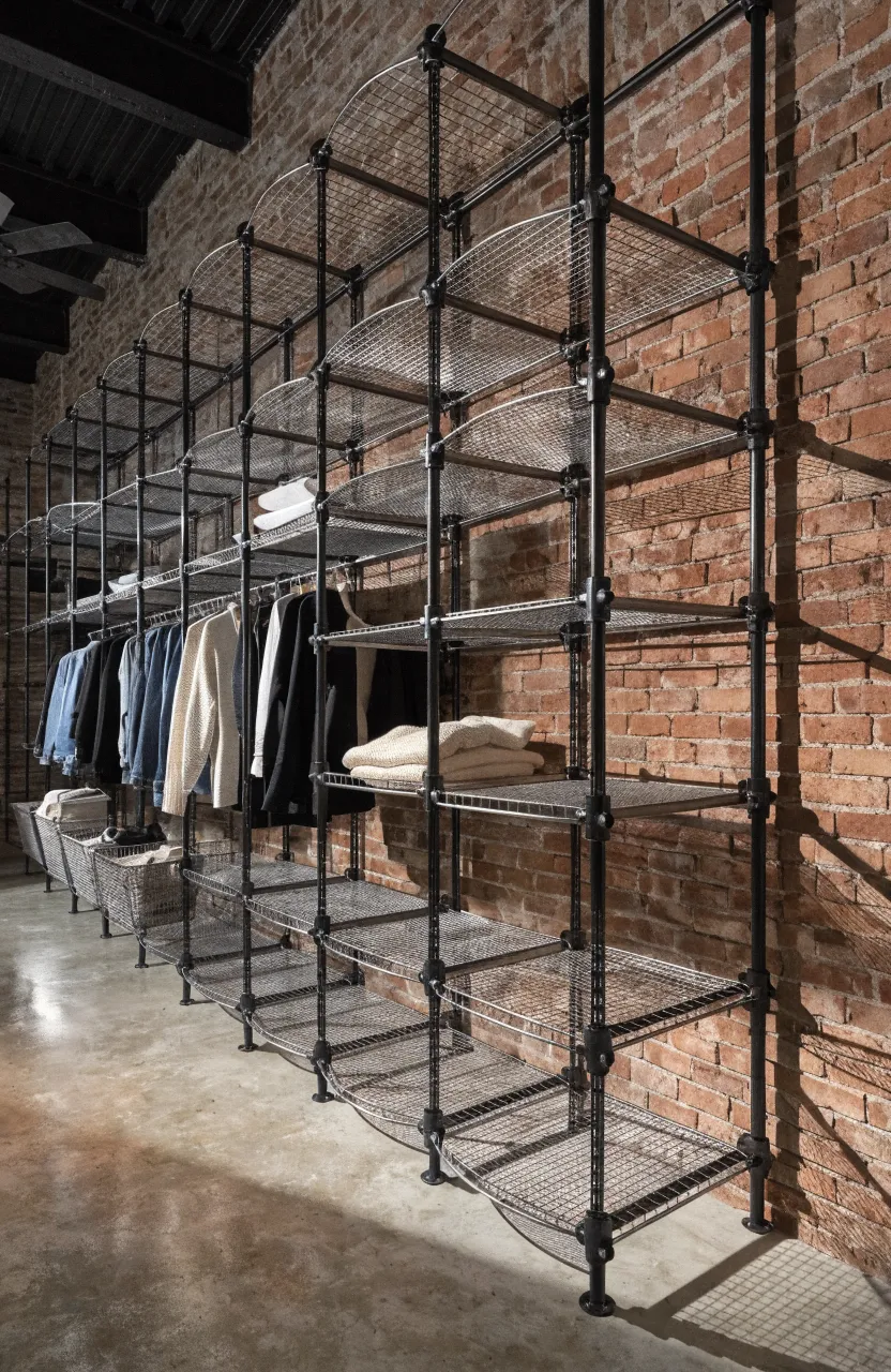 An industrial bedroom wall closet with black metal frames and adjustable silver mesh shelves.