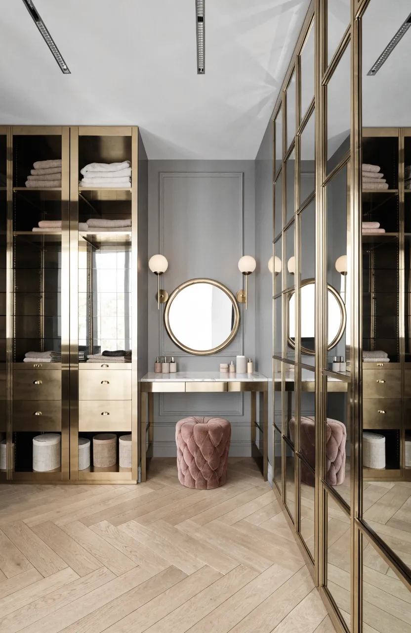 A symmetrical bedroom wall with two grey closets on either side of a central makeup vanity.