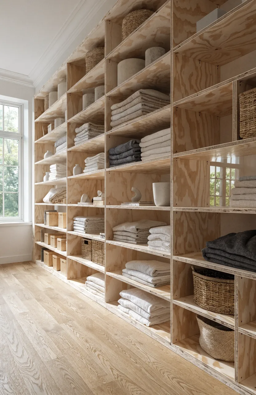 A full-wall plywood shelving system with a raw wood finish in a bright modern bedroom.