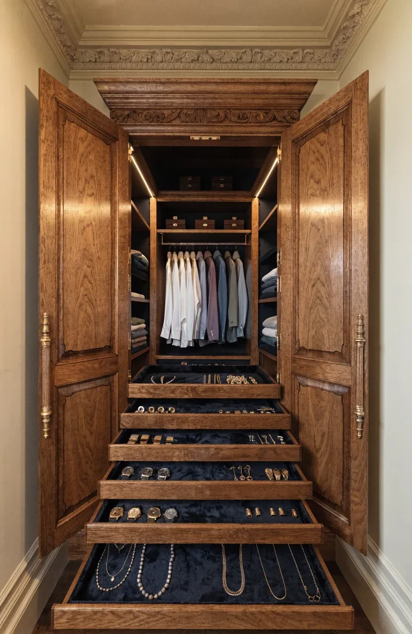 A traditional white wardrobe with crown molding and open drawers showing organized accessories.