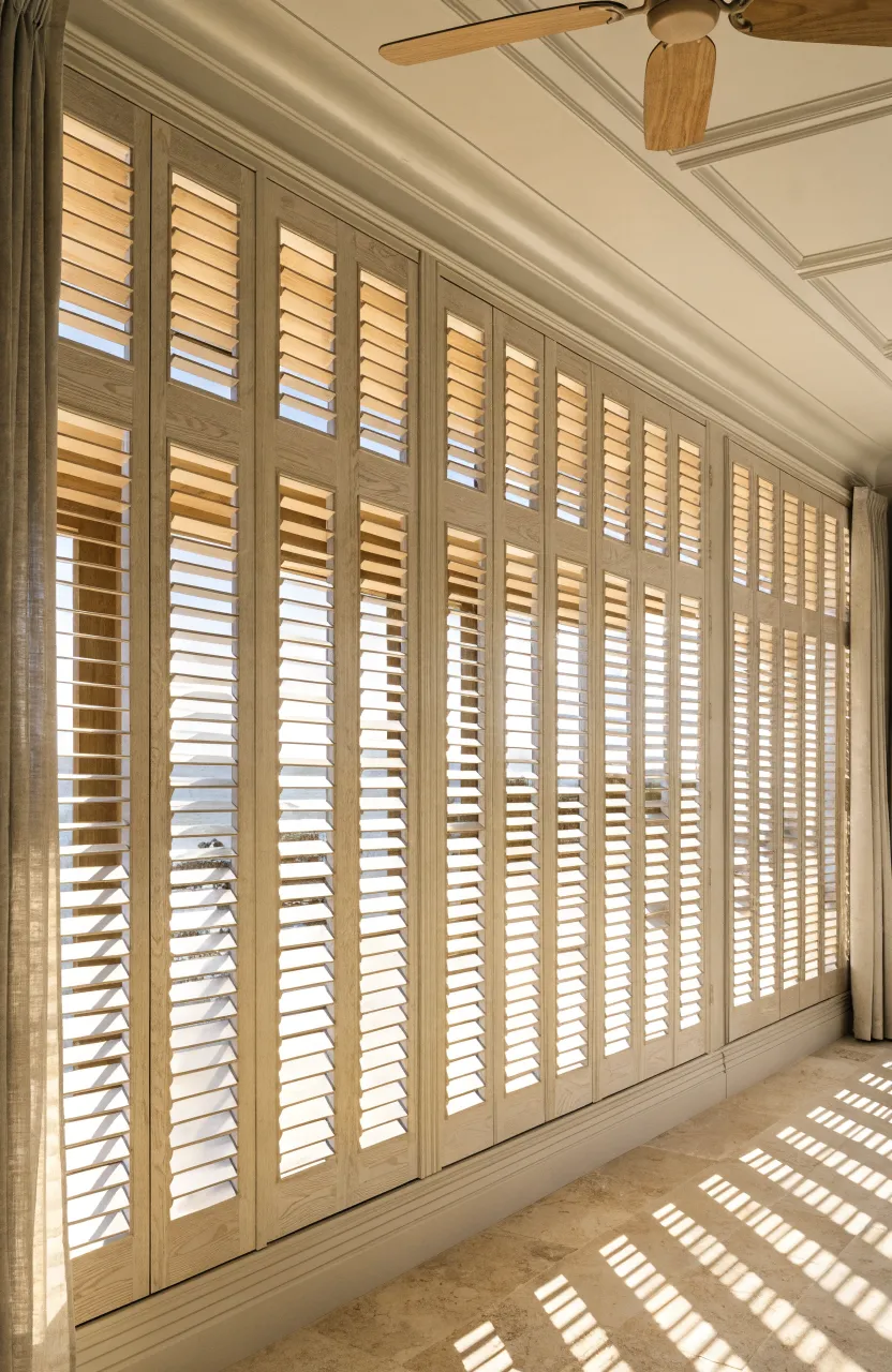 White louvered closet doors spanning a full bedroom wall for a breezy, ventilated look.