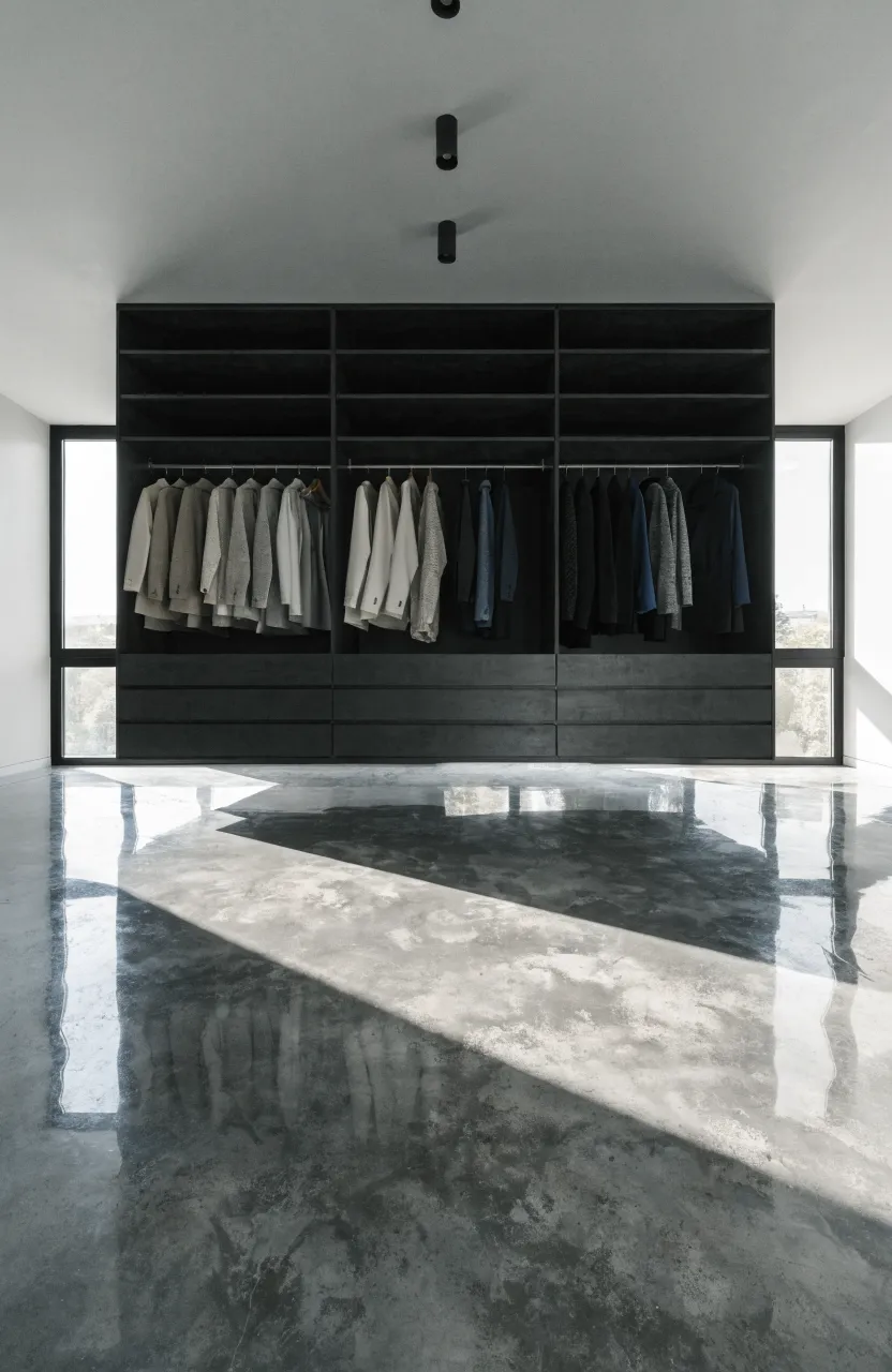 Modern floating closet drawers with hanging rods above, showing a clear floor space underneath.
