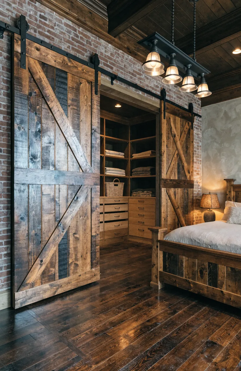 Large rustic wooden barn doors on a black metal track covering a bedroom wall closet.
