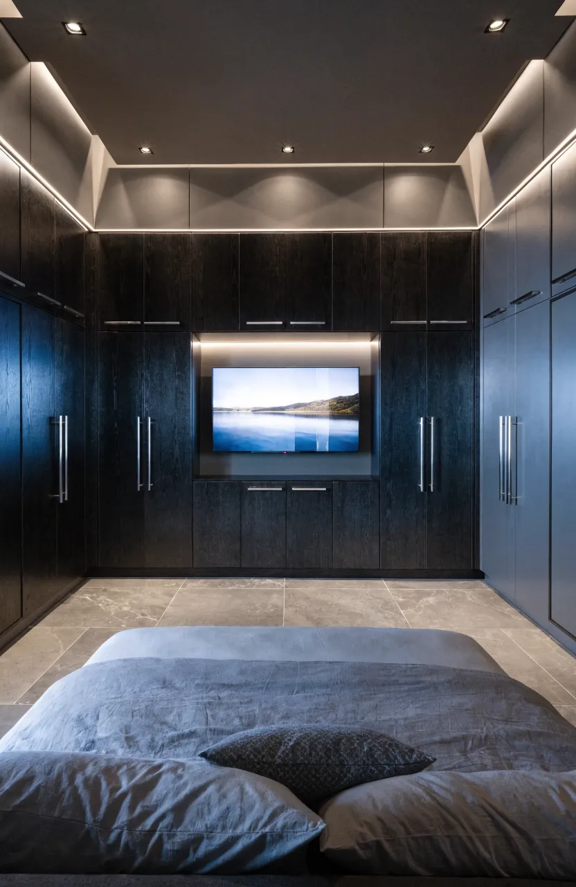 A full-wall bedroom closet system with a built-in recessed television and hidden wiring.