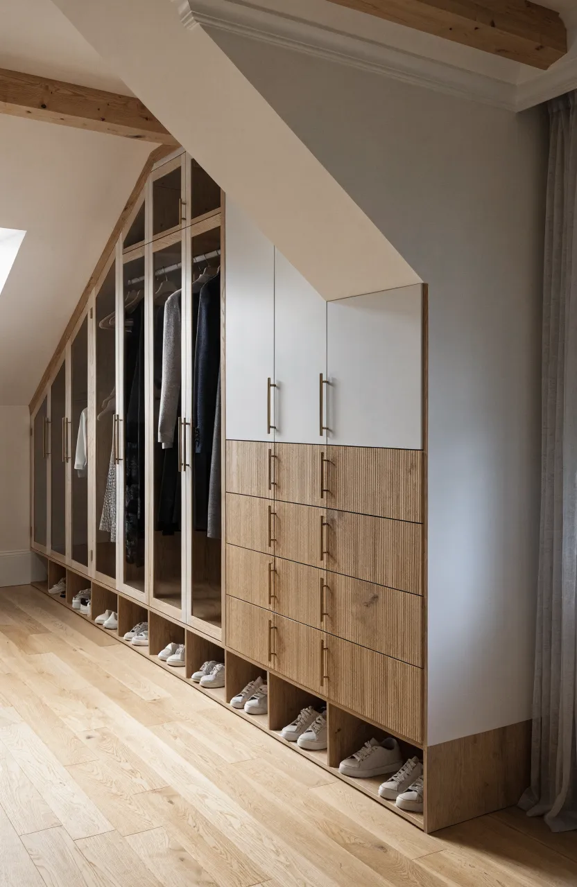 A custom wood and white closet built into a slanted attic wall with stepped shelving.