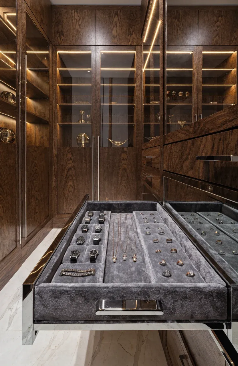 Close-up of a velvet-lined jewelry drawer inside a dark wood custom wall closet.