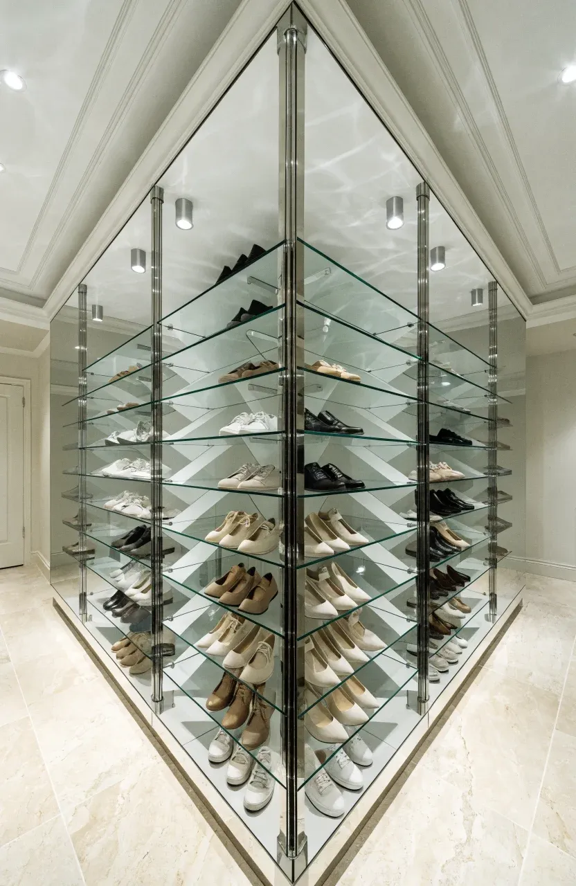 A tall, narrow vertical shoe rack reaching the ceiling within a white modern wall closet.