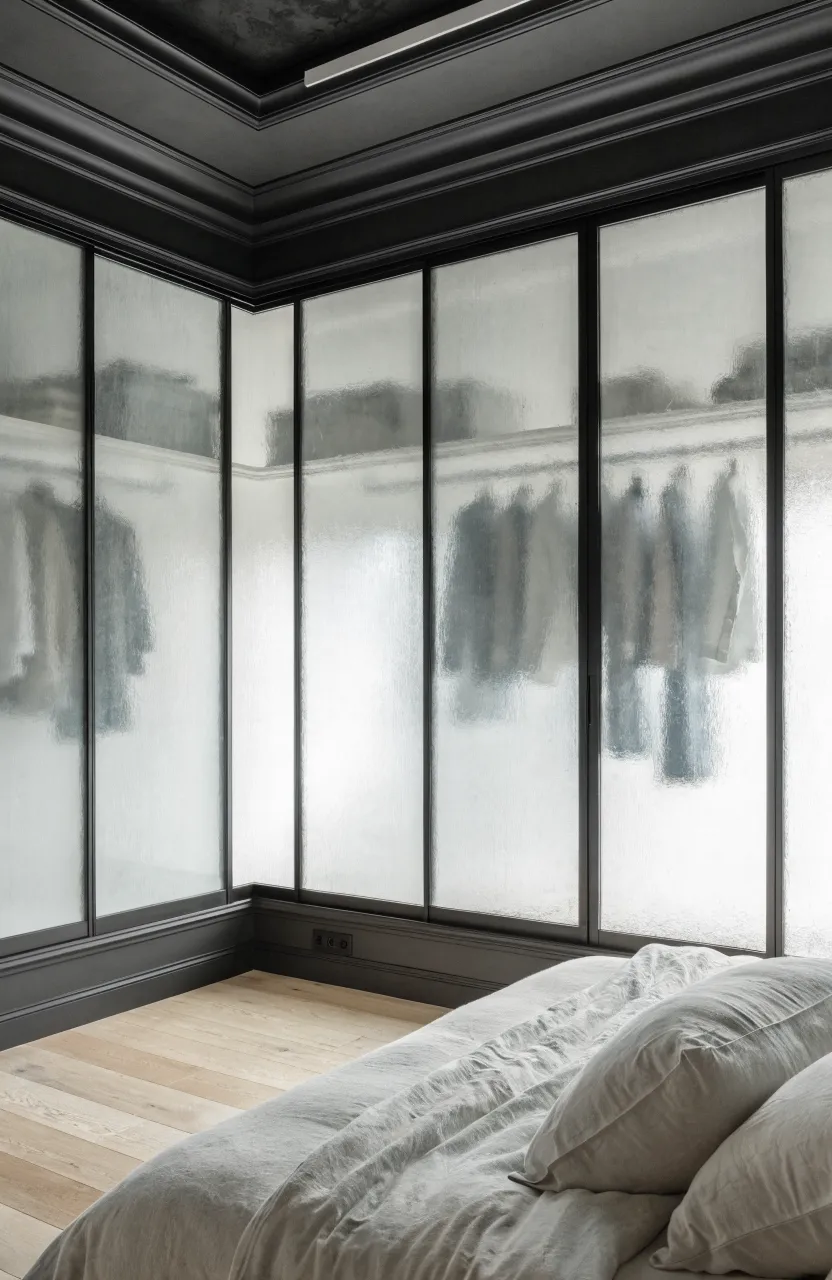Modern bedroom with a full wall of frosted glass closet doors acting as a room divider.