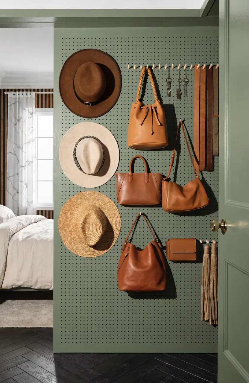 A sage green pegboard wall inside a closet holding hats and bags on wooden pegs.