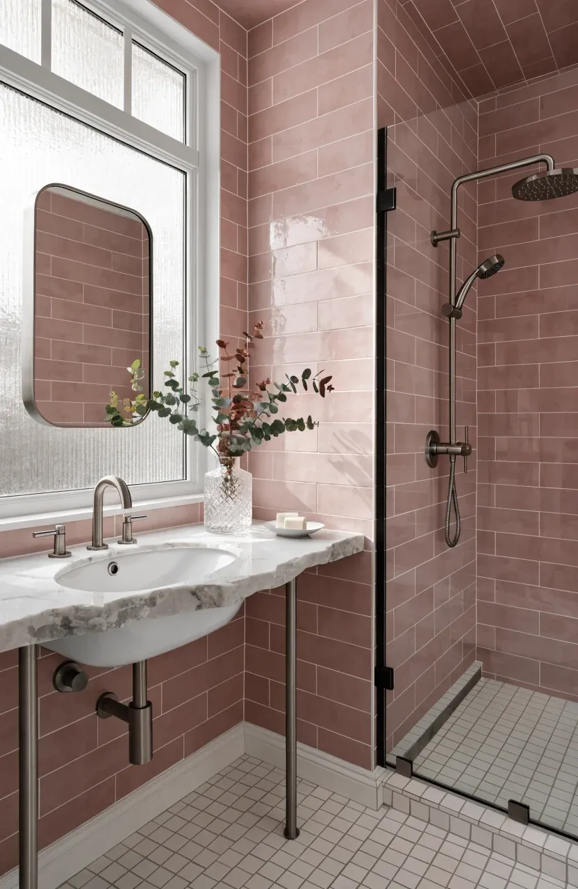 Modern bathroom with matte blush pink subway tiles and clean white grout lines.