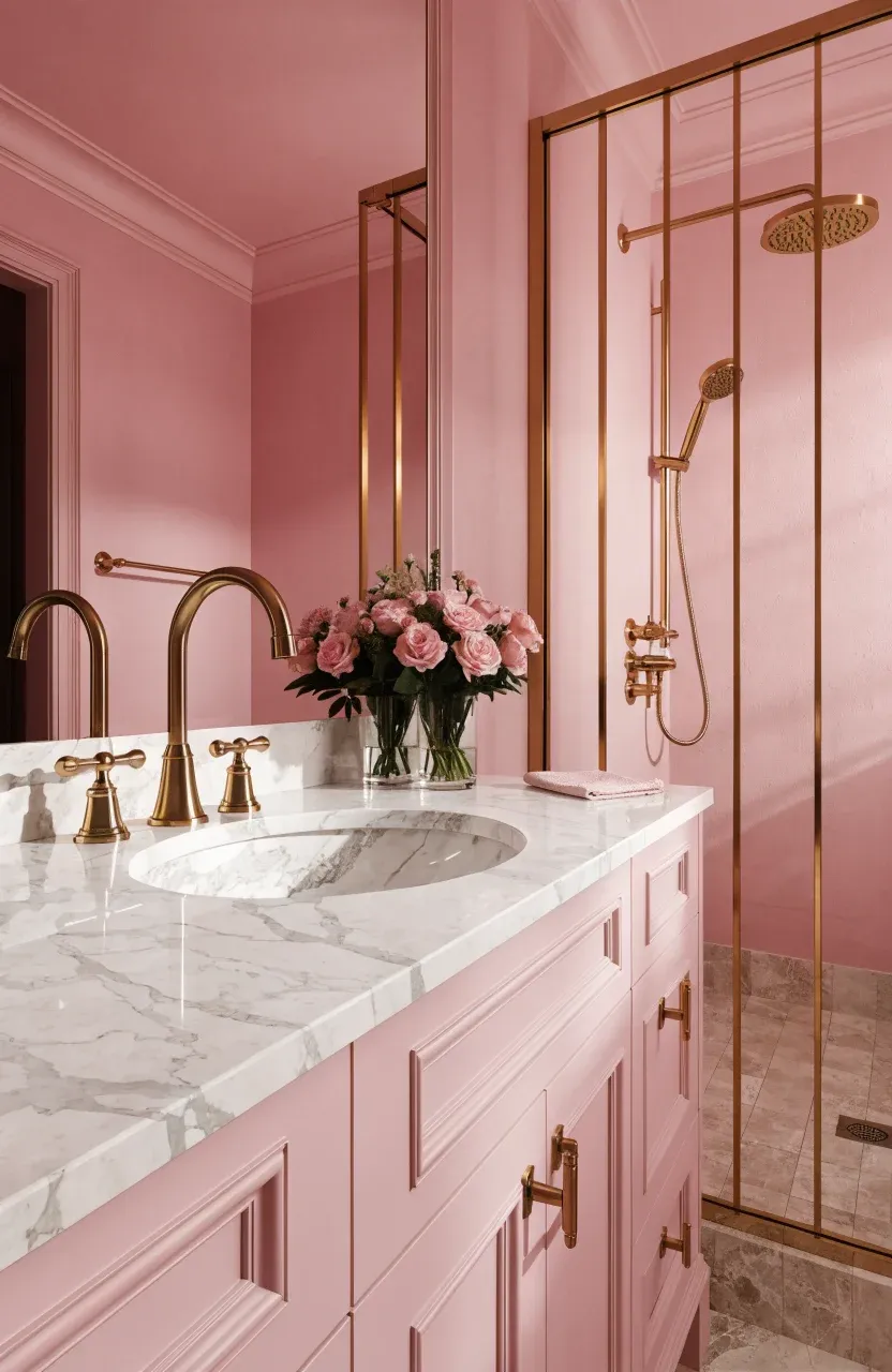 Elegant gold faucets and hardware set against soft pink bathroom walls and marble counters.