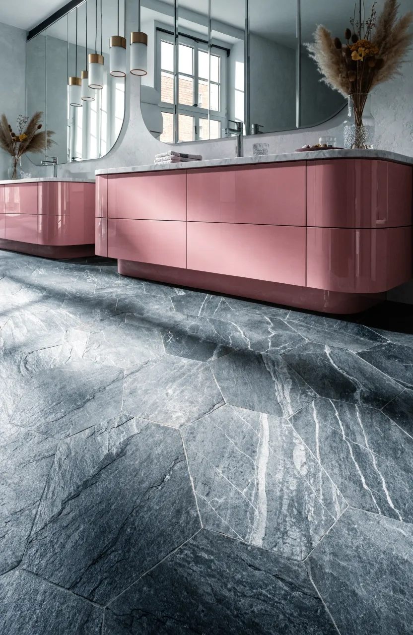 Charcoal grey floor tiles providing a modern contrast to soft pink bathroom cabinets.
