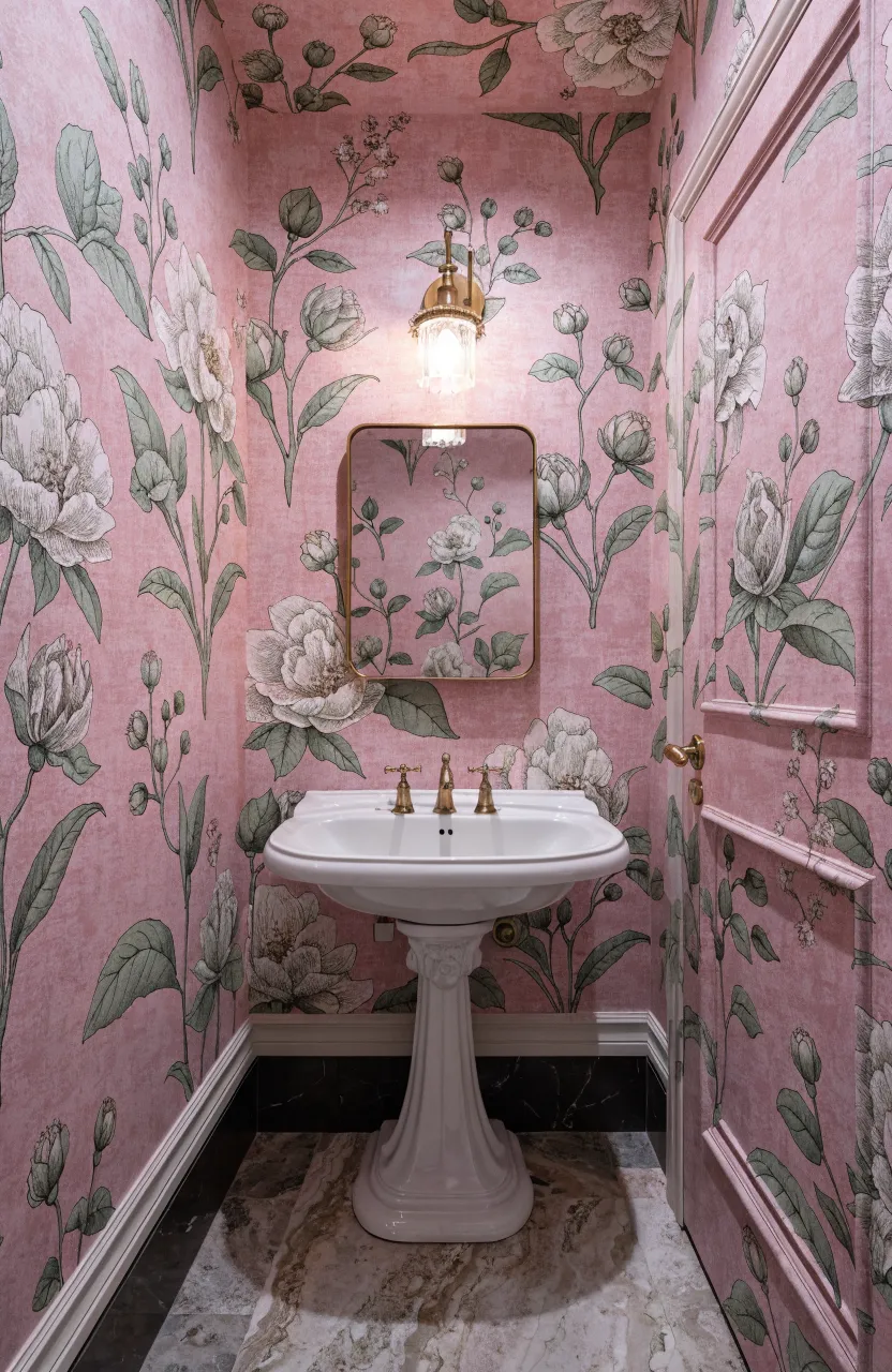 Detailed floral wallpaper with a dusty pink background in a stylish powder room.