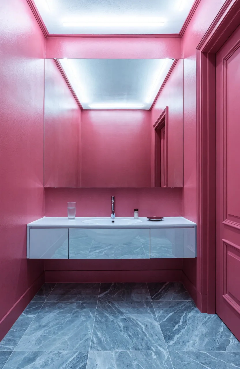 Sleek frameless mirror on rose-colored walls in a minimalist pink bathroom.