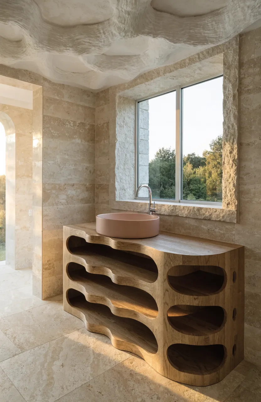 Natural oak wood vanity paired with a soft pink ceramic vessel sink.