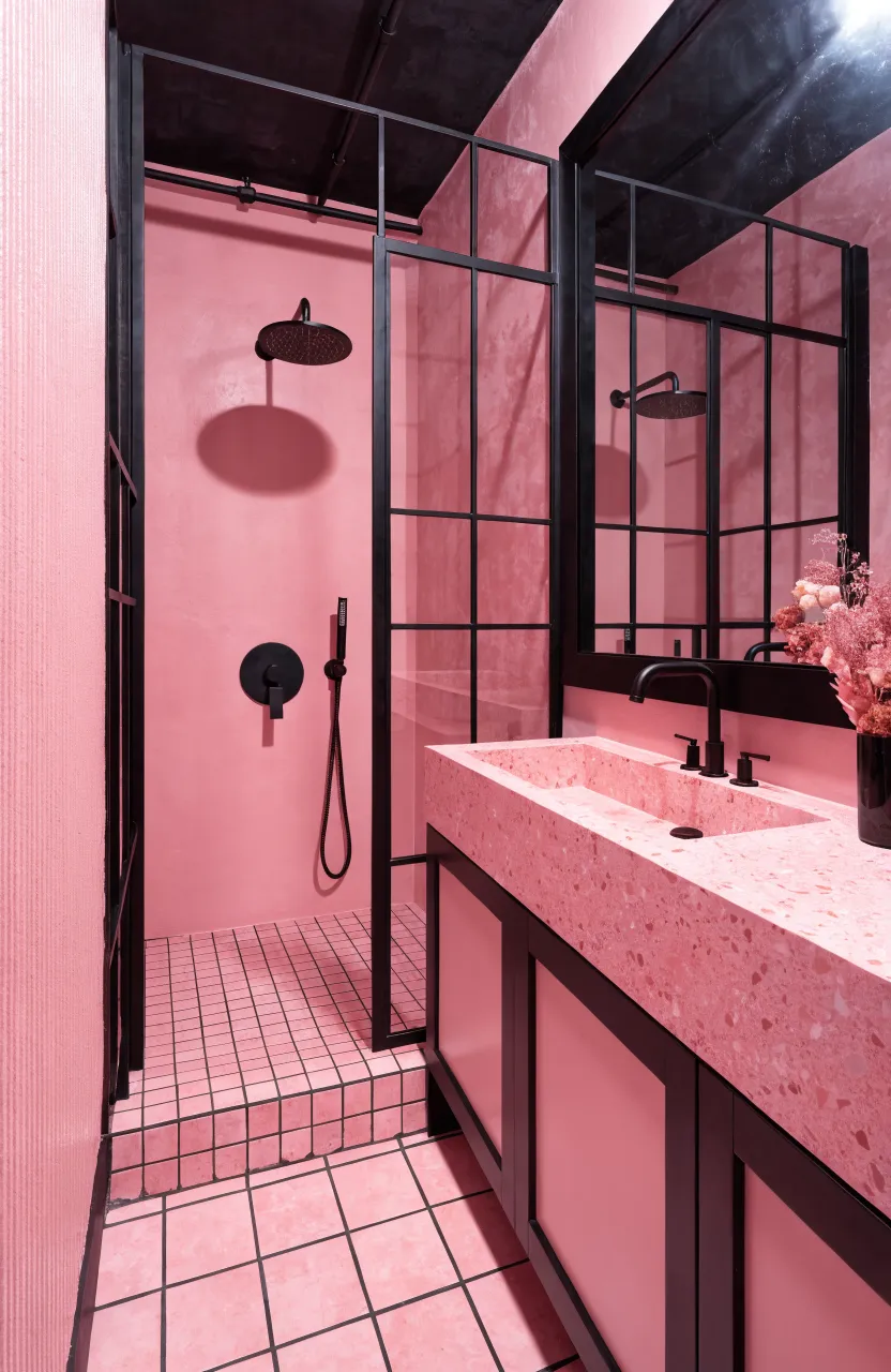 Modern pink bathroom featuring bold black metal accents and industrial frames.