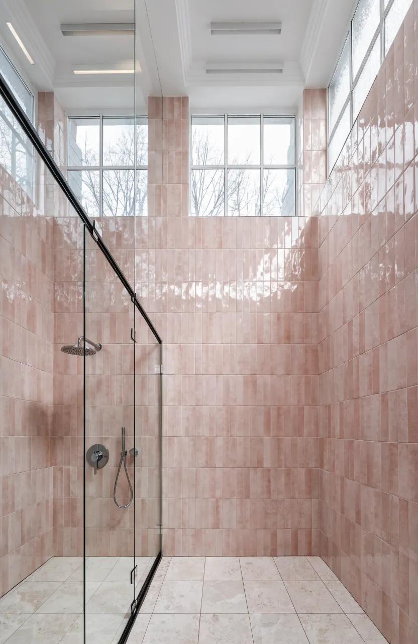 Modern bathroom with vertically stacked pink tiles on a high wall creating a sense of height.