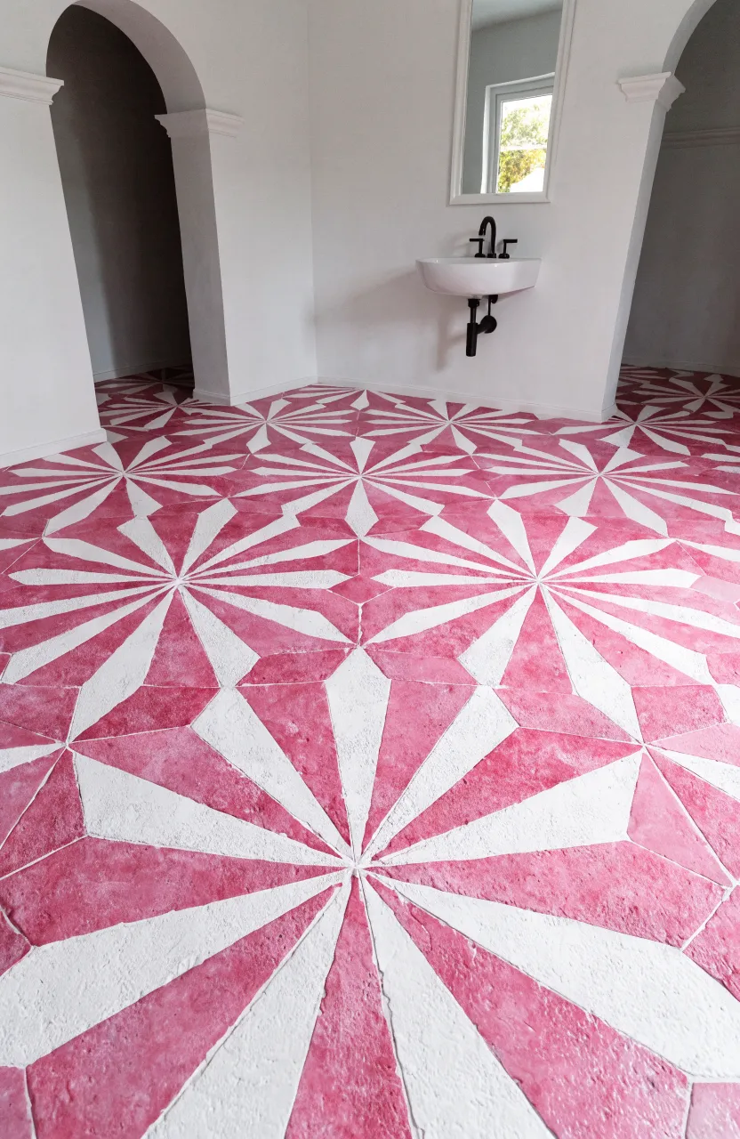 Bathroom floor with pink and white geometric cement tiles and white walls.