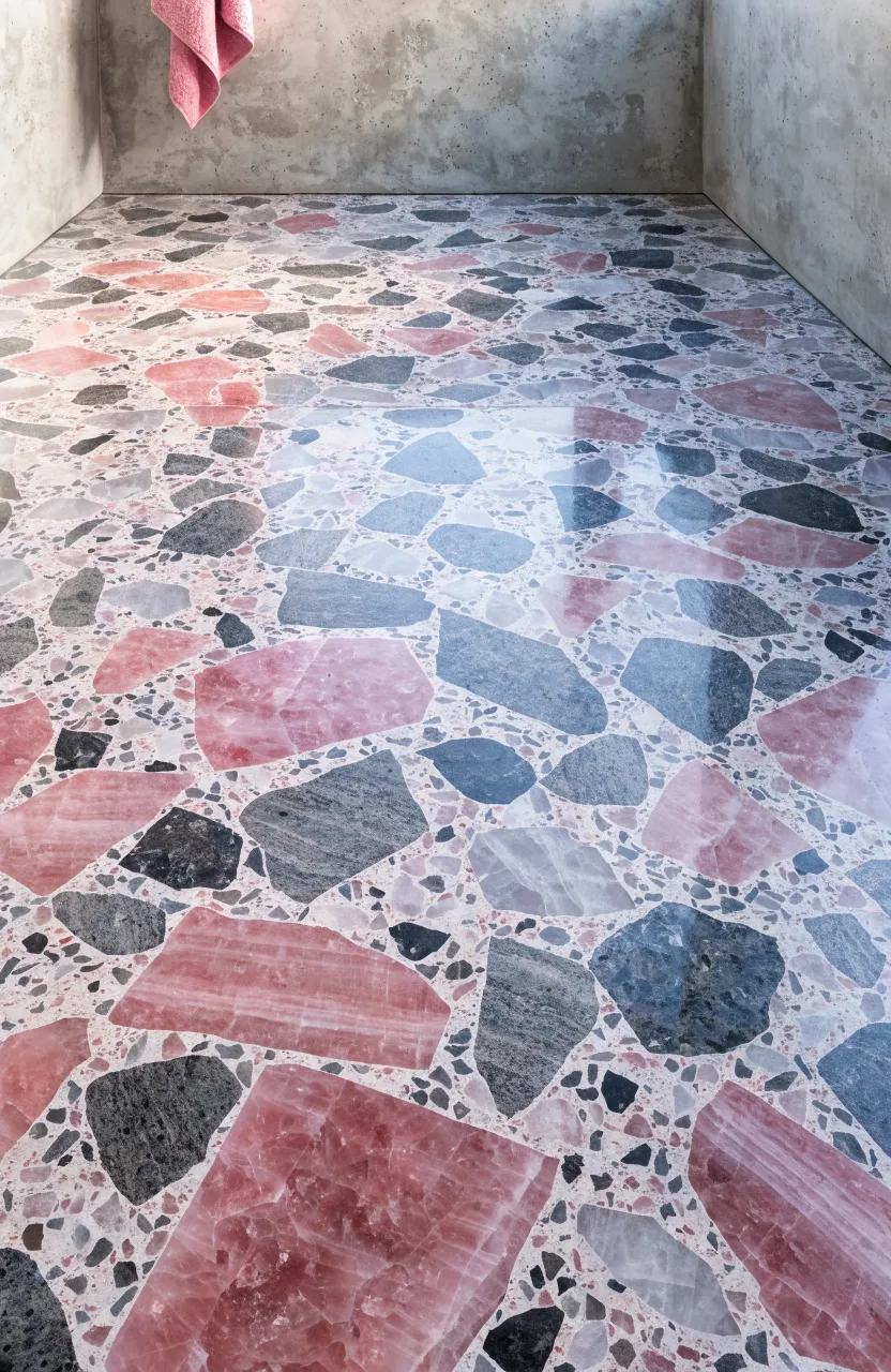Terrazzo bathroom floor with small pink and grey stone flecks.