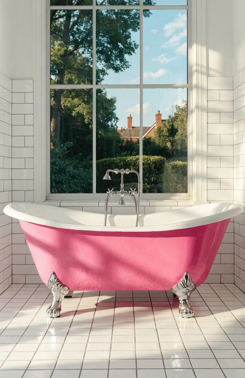 A bright pink clawfoot bathtub centered in a white modern bathroom.